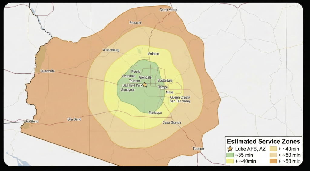Map of Arizona Service Areas including Phoenix, Prescott, and Luke AFB